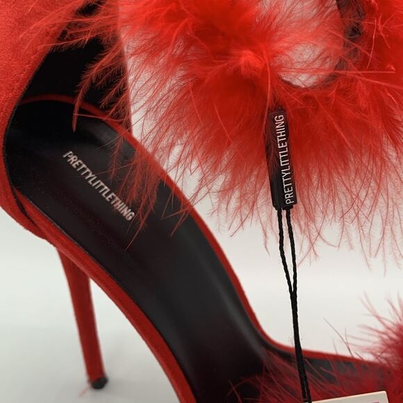 PrettyLittleThing NWTs Red Feathered High Heel Strappy Sandals Size 6 - Picture 4 of 10